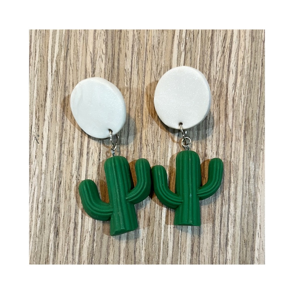 Polymer Clay Earrings-Green Cactus Earrings with White Studs